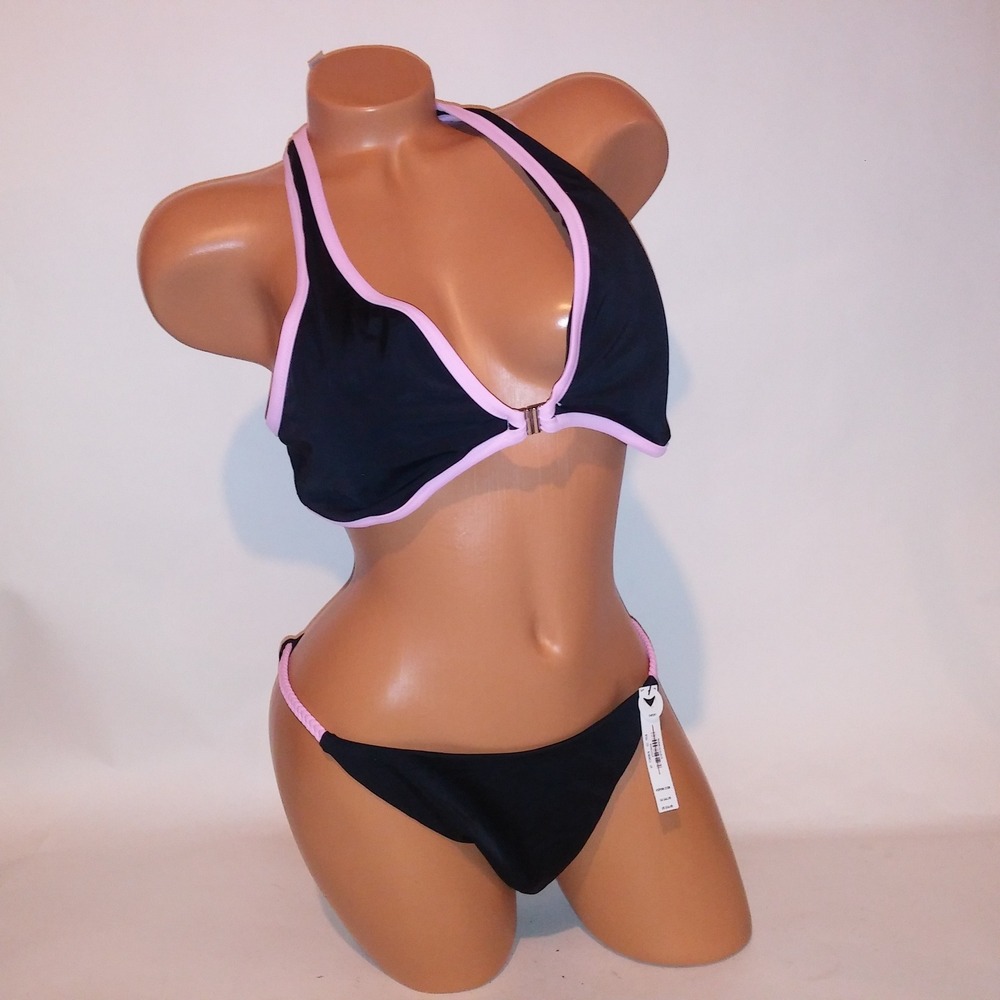 Victoria Secret PINK Swim Bikini XL Top & Bottom Black Pink Logo Front Close New